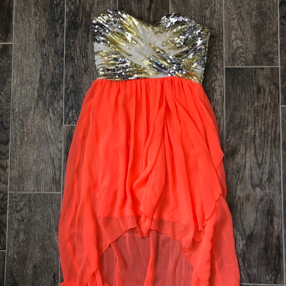 Orange and Gold Sequined High-Low Dress